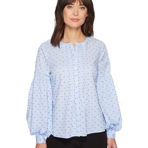 Cece Blue Mini Check Bubble Sleeve Blouse L NEW